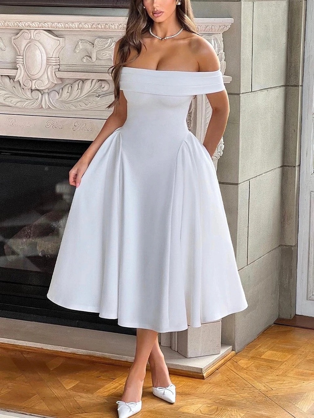 Off-the-Shoulder Midi Dress in White